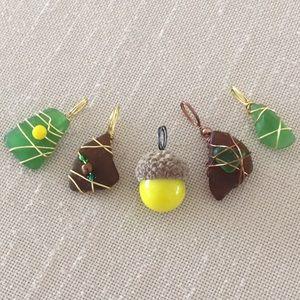5 Pack Pendants Vintage Marble Acorn Sea Glass Hand Crafted Wire Wrapped